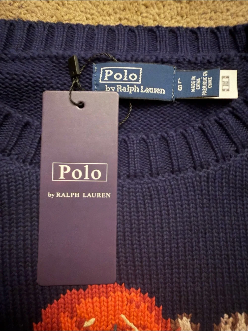 Ralph Lauren Navy Crewneck Sweater with Golf Bear Intarsia